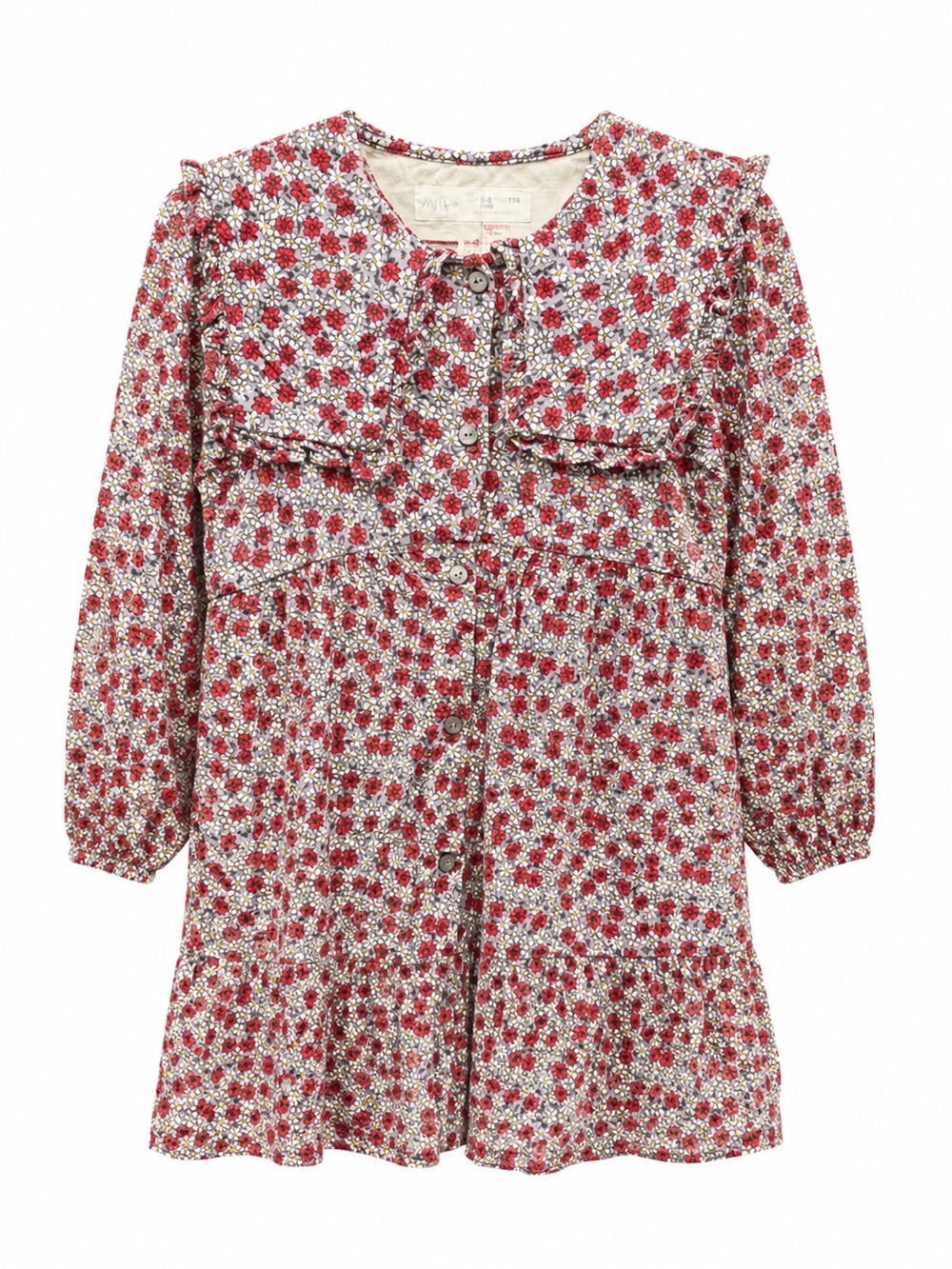 ZARA Kids Floral Ruffle Collar Long Sleeve Dress | Red & White Flowers Size 5-6